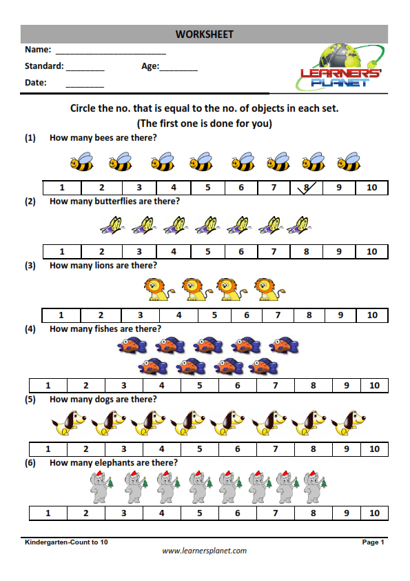 Math worksheets for kindergarten counting 1-10- Count & tick
